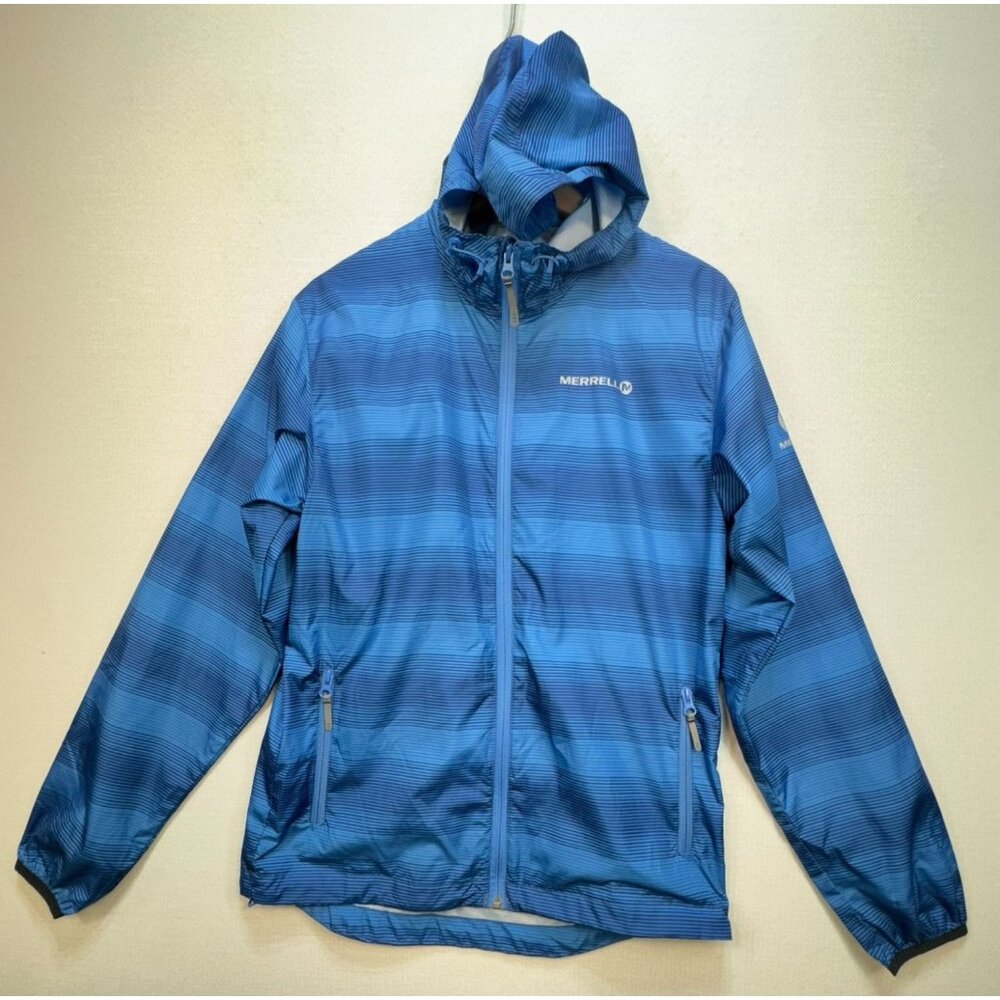 Merrell Men's Opti Shell Windbreaker Jacket Zip Up Size S Blue Hooded Striped